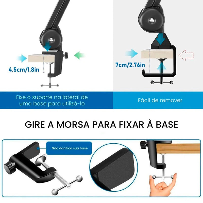 Suporte de microfone de mesa profissional ajustável com braço articulado