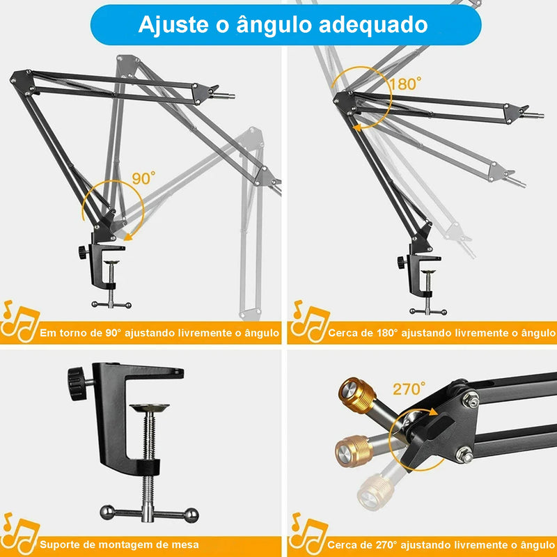 Suporte de microfone de mesa profissional ajustável com braço articulado